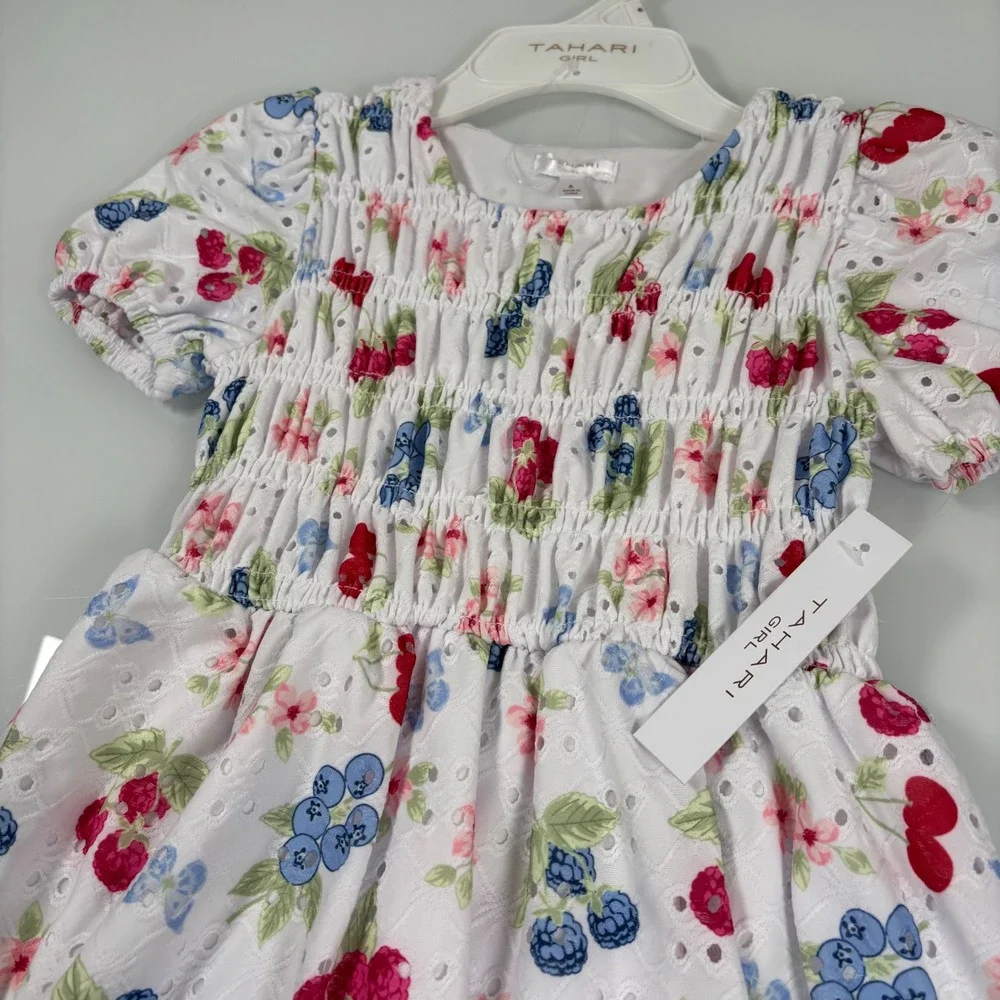 Tahari Girl Kids 6 White Berry Floral Eyelet Smocked Dress NEW Fruit Print